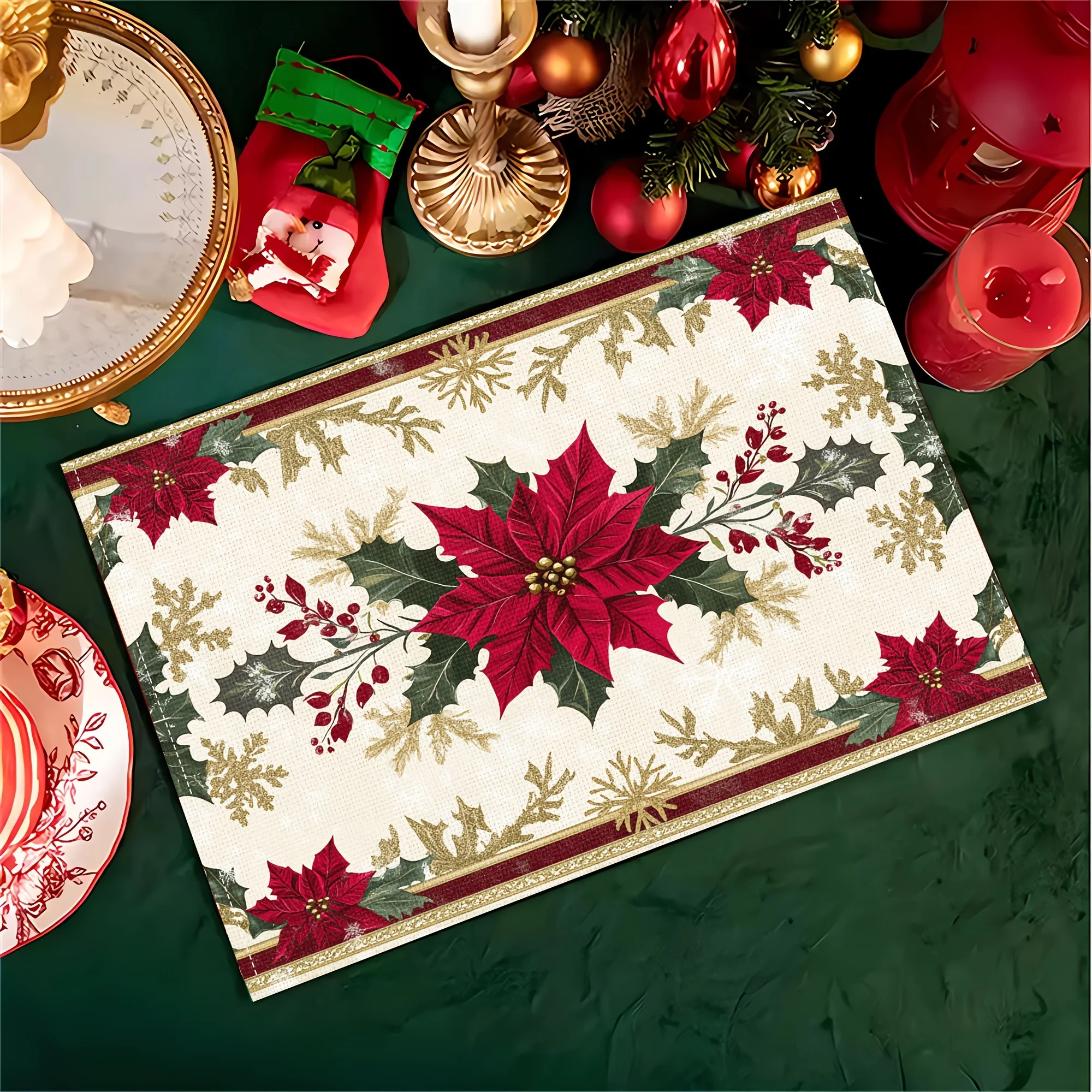 VIKAMA 4-teilige Weihnachts-Tischsets mit Weihnachtsstern in Rot und Gold, Feiertagsversammlung, Heim-Esstisch-Dekoration, Zubehör, Party-Dekoration