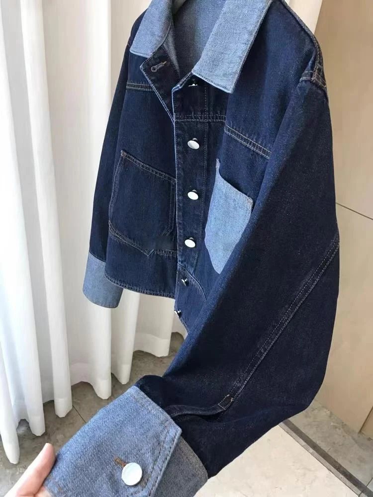 Retro Contrasterende Laple Denim Jack Voor Dames 2024 Herfst Nieuwe Losse Single-Breasted Jassen Casual Veelzijdige Korte Top