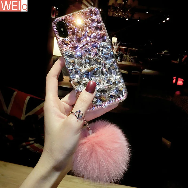 Luxury 3D Diamond Bling Crystal Fur Pompom Cases for Samsung Galaxy A14 A34 A54 A13 A33 A53 A73 A21S A12 A32 A22 A52 A72 5G