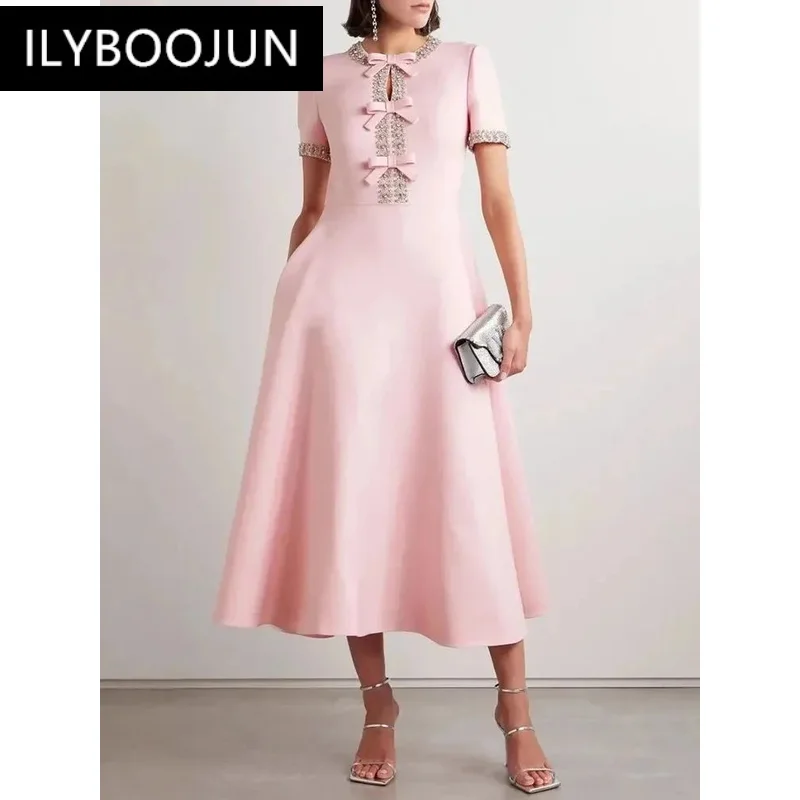 

DEAT Elegant Dress O-neck Diamond Edge Bowknot A-line Short Sleeve Women's Evening Party Dresses 2025 Spring New Fashion 35Z1457