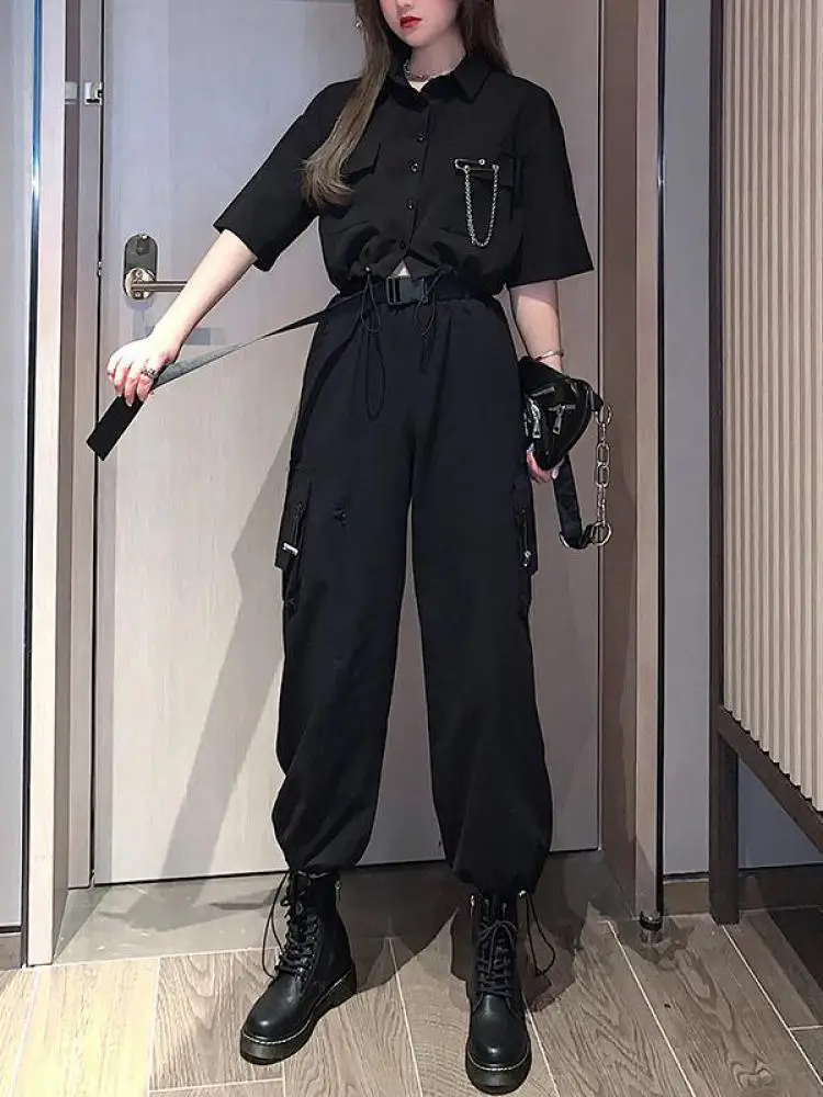 

Summer Women Black Short Sleeve Single Breasted Shirt And High Waist Slim Long Pant Ladies Casual Workwear Two Piece Set Popular