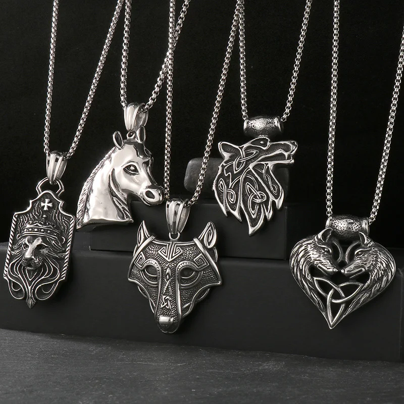 Gothic Mens Personality Lion King Steed Viking Double Wolf Head Pendant Stainless Steel Necklace Chain 24inch