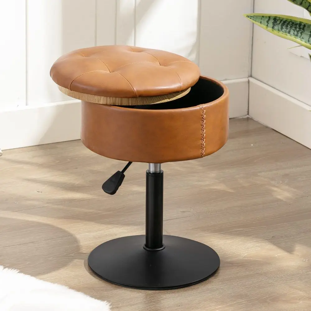 360Swivel Vanity Stool Chair for Makeup Room, Height Adjustable Stool for Vanity with Storage, Small Whiskey Brown Faux Leather