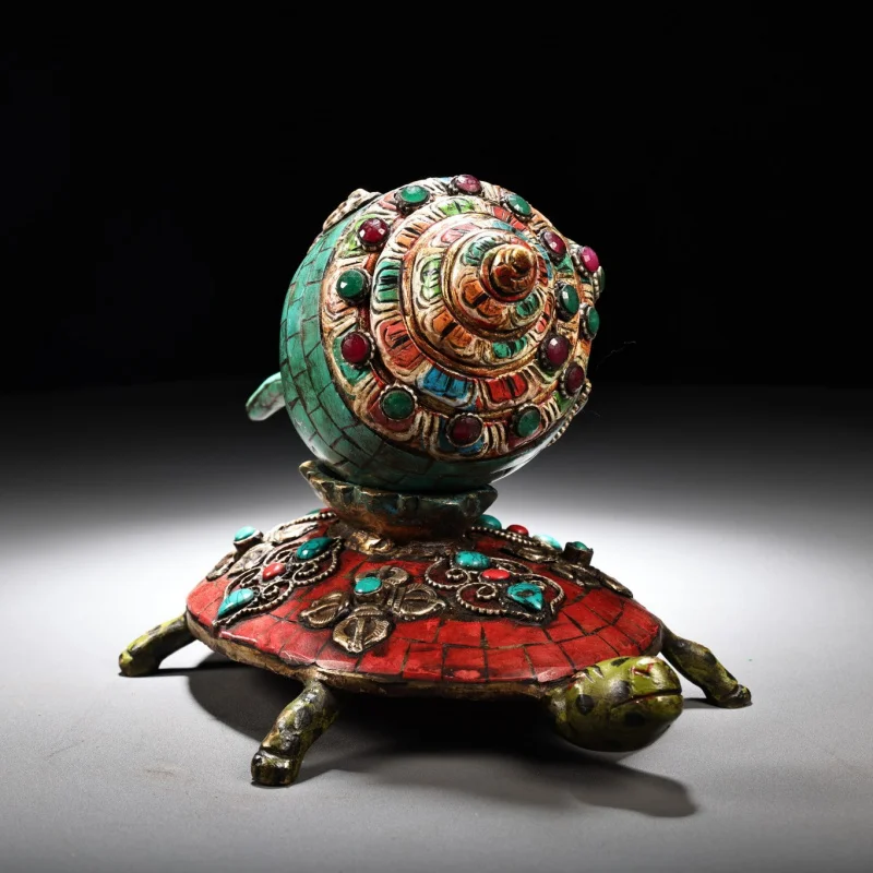 Copper Inlaid Gemstone Painted Gold Conch Ritual Instrument Antique Collection Home Decor Craft Wholesale