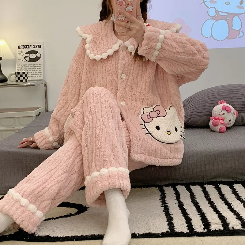 Hello Kitty Women Pajamas Winter Warm Flannel Nightwear Thickening Warm Long Sleeve Sleepwear Female Home Wear Pijamas Clothes