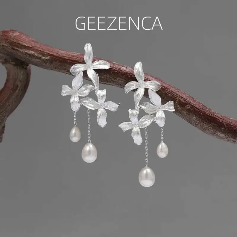 

GEEZENCA, серебро 925, нежный сиреневый цветок, каплевидный жемчуг, очаровательные висячие серьги, женские модные изящные массивные серьги, подарок