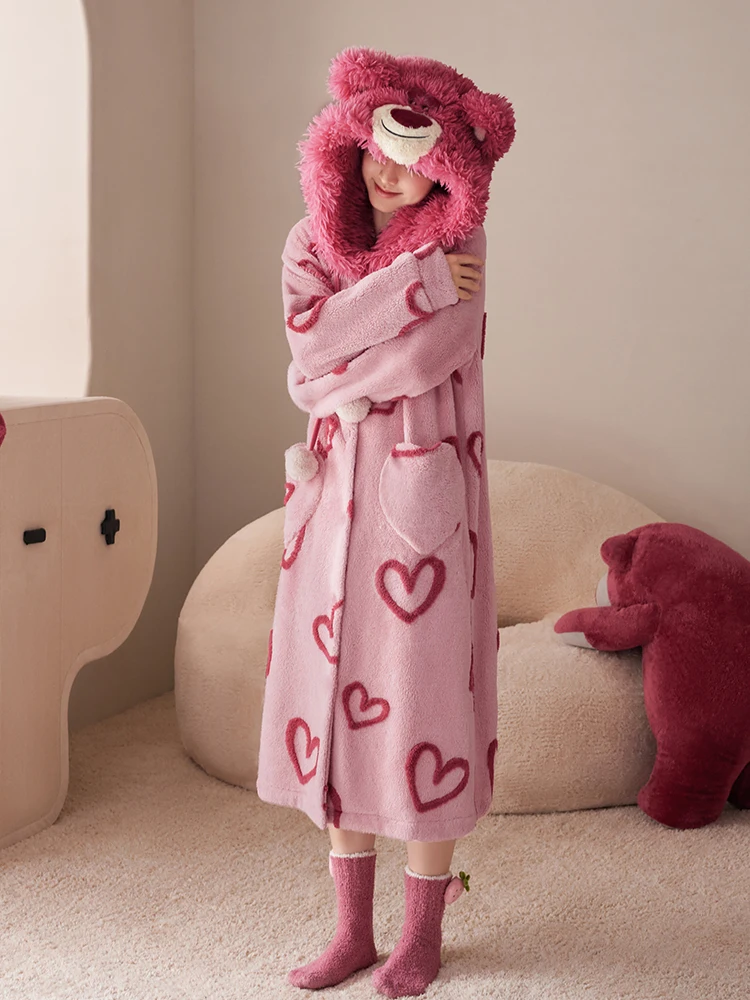 Bear Nightgown Women's Autumn and Winter Coral Fleece Cute Hooded Loungewear Thermal Pajamas Love Patterned Nightgown
