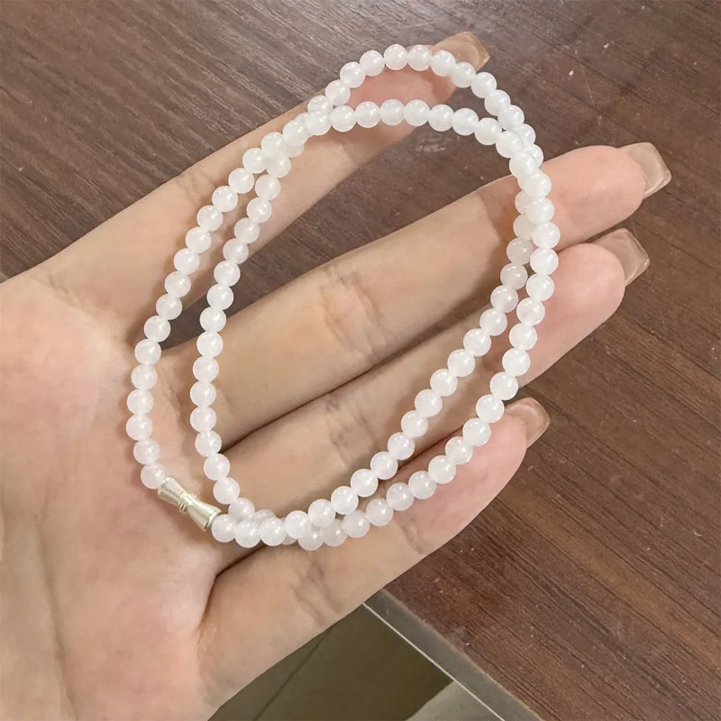 4Mm , Hetian Mutton Fat White Jade Collarbone Chain, Plain Bead Necklace