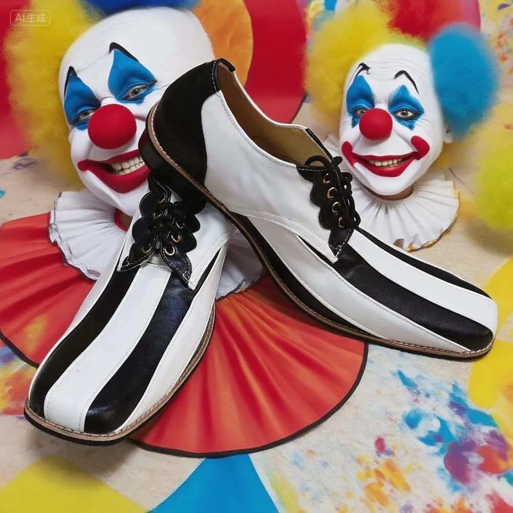 

36cm PU B‌lack White Pointed Toe Clown Shoes For Adults Free Size Club Circus Favors Joker Shoes Anime Halloween Carnival Party