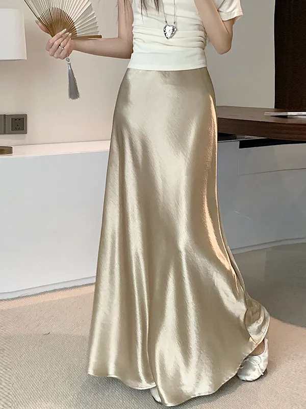Elegant High Waist Acetate Satin Fish Tail Half Skirt Women's Summer Slimming Drapey A-Line Long Skirt Bodycon Party Dress