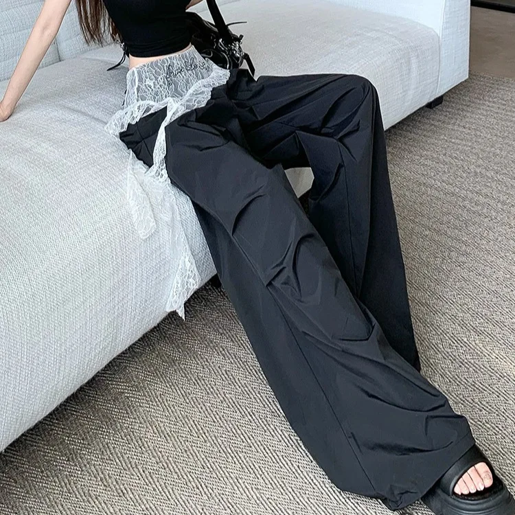 2025 الربيع والصيف الساخن نمط تنوعا الدانتيل الربط فضفاض عطلة عادية قطعتين سوبر الساخن واسعة الساق العمل بنطلون