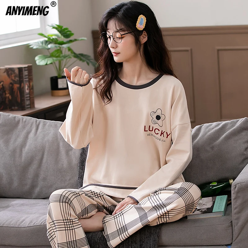 100% Pure Cotton Women Bear Print Pajama Sets Autumn Winter Long Sleeves Pullover Sleepwear Fashion Nightwear Girls Loungewear