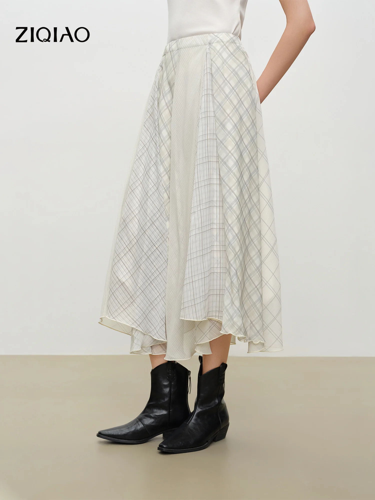 

ZIQIAO 2026 Summer Women's Chiffon Panel Plaid A-Line High Waist Skirt for Daily and Summer Wear