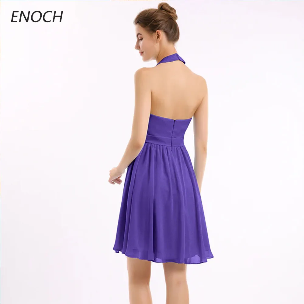 Enoch Eenvoudige Homecoming Jurken Halter Hals Mouwloze Open Rug Rits Chiffon A-Lijn Feestjurk Boven Knie Vestidos De Fiesta