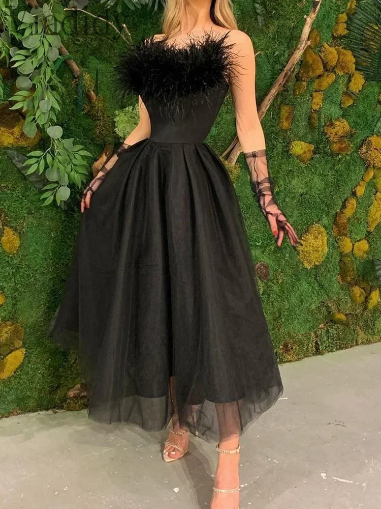 Women Elegant Solid Color Spaghetti Strap Feather Decor High Waist Big Swing Party Dress