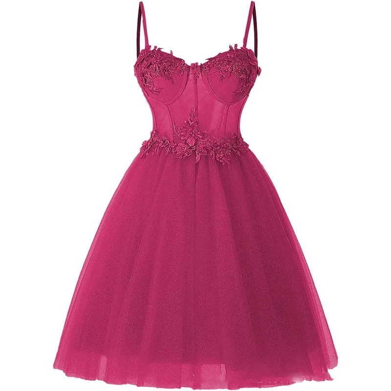 Mini vestido de baile Lilás Lace Appliques, cintas de espaguete, vestido de festa para meninas, vestidos de coquetel