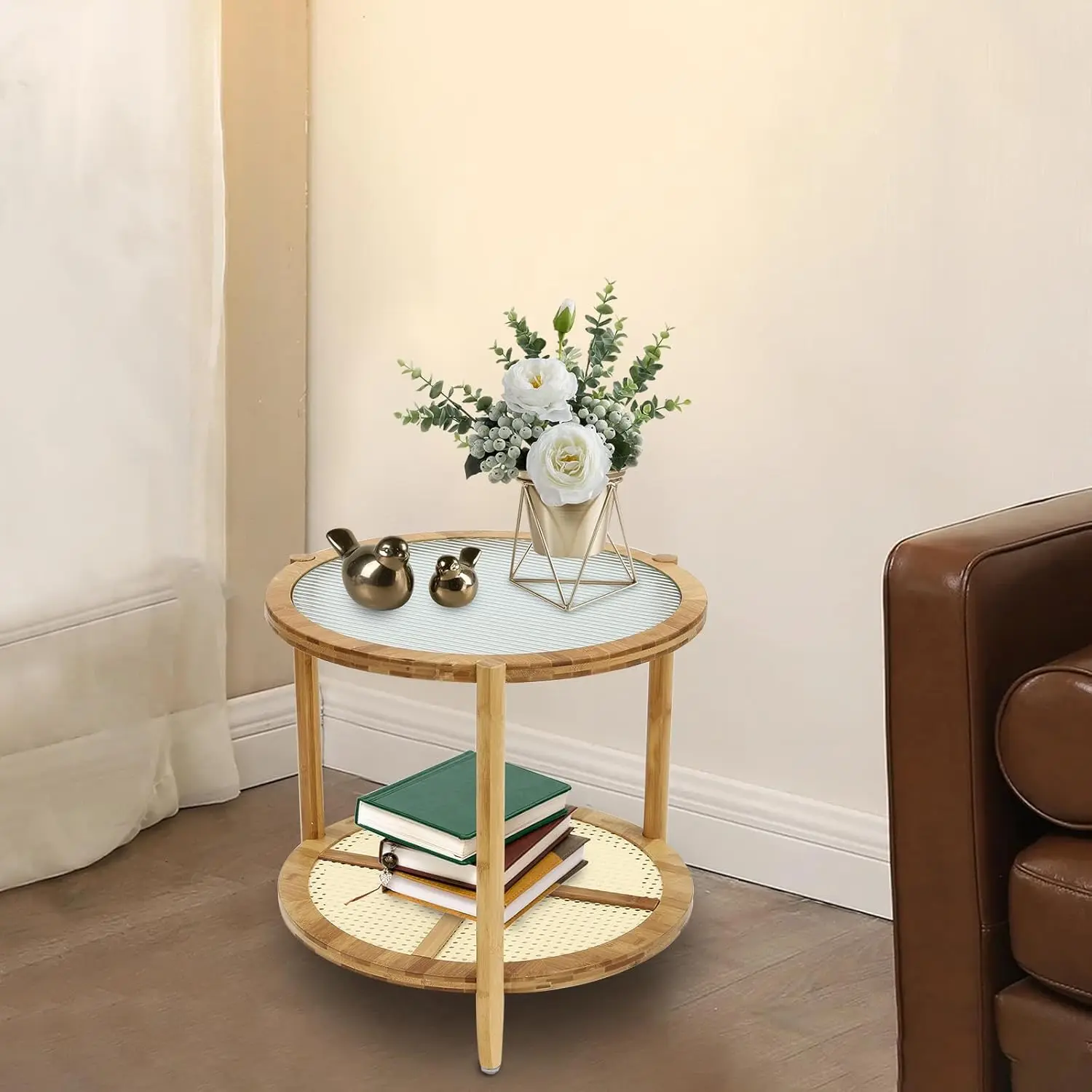 Round Coffee Table 2 Tier Farmhouse End Coffee Tray Snack Table With Storage Small Wooden Coffee Table For Living Room Office