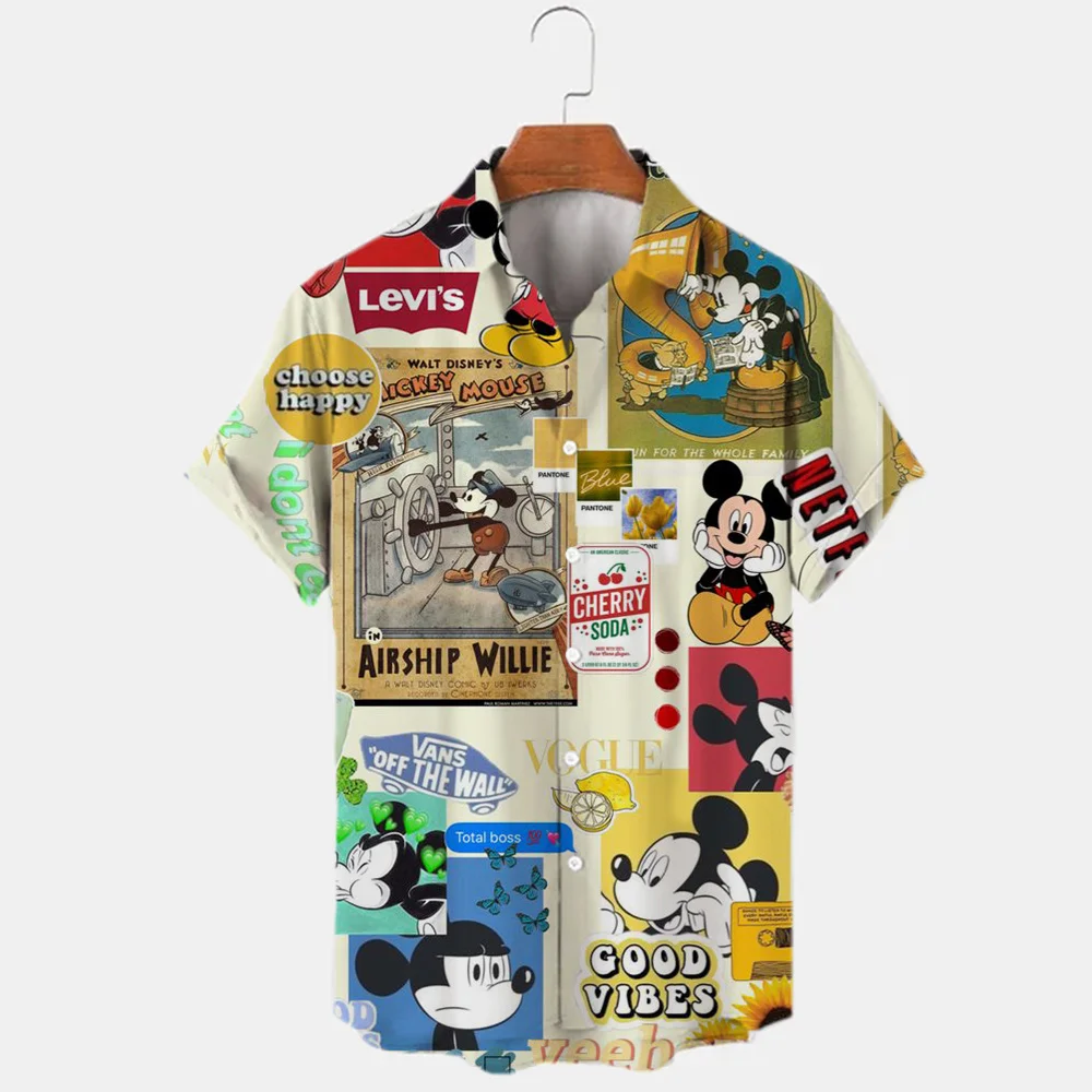 Disney Mickey Minnie Cartoon Characters 3D Printing Summer Men\'s Short Sleeve Shirt Hawaiian Beach Party Vacation Men\'s Shirt