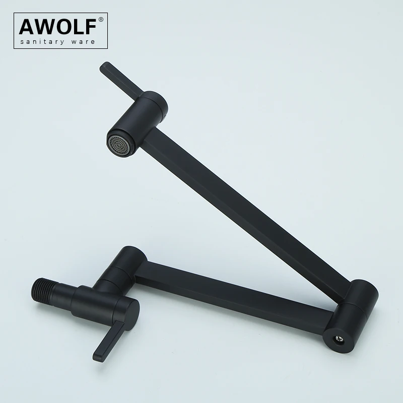 Awolf Black Countertop Pot Filler Wall Mounted Kitchen Faucet Lengthen Folding 360 Degree Rotation Solid Brass Water Tap FW009