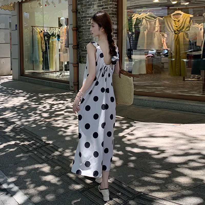 Dresses Women Loose Fit Vintage Polka-dot Backless Design Temper A-line Korean Fashion Summer Sleeveless Vestidos Popular Sexy