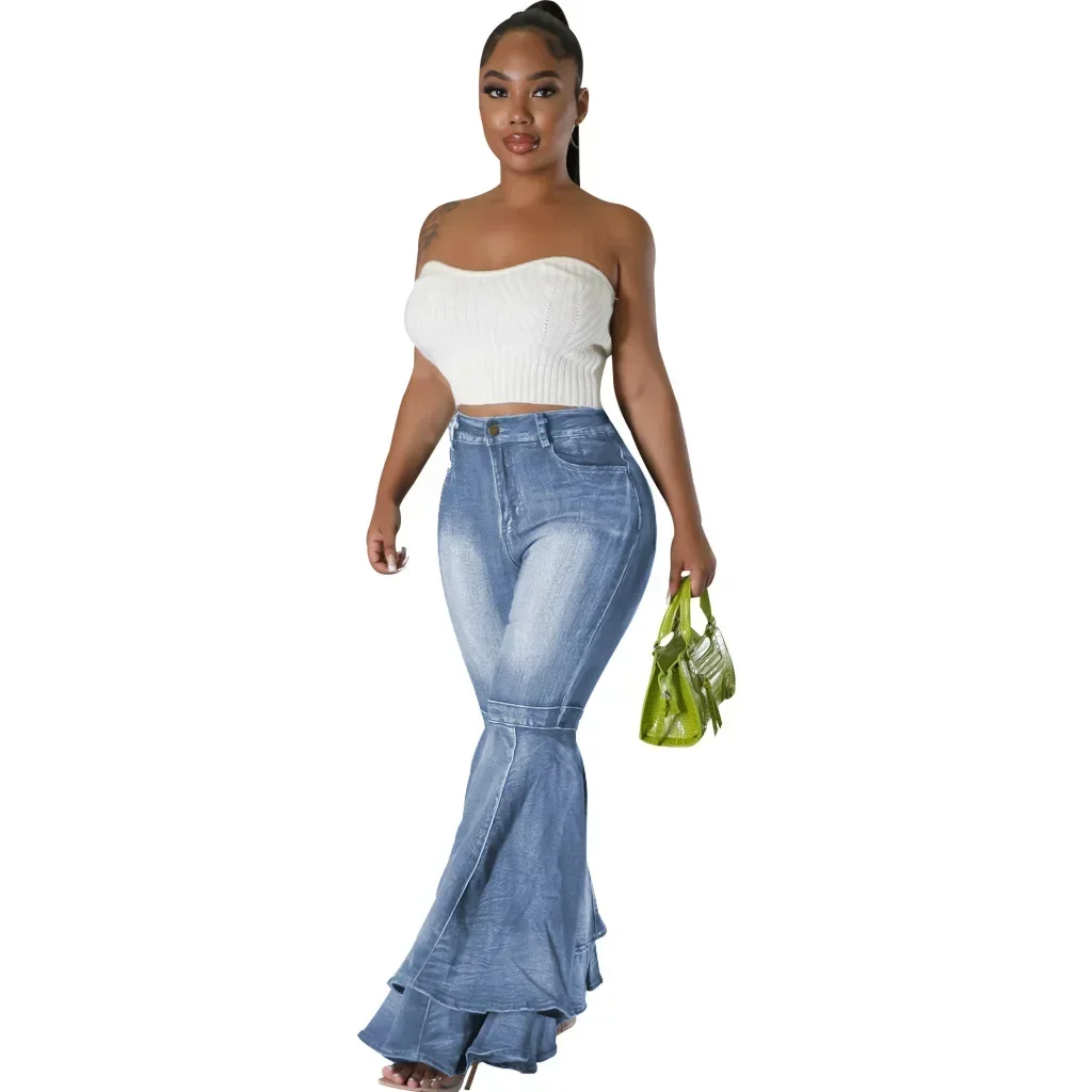 Casual Versatile Big Flared Shape Splicing Jeans Women Fashion Wide Leg Blue Washed Denim Pants Commuter Cotton Stretch Trousers
