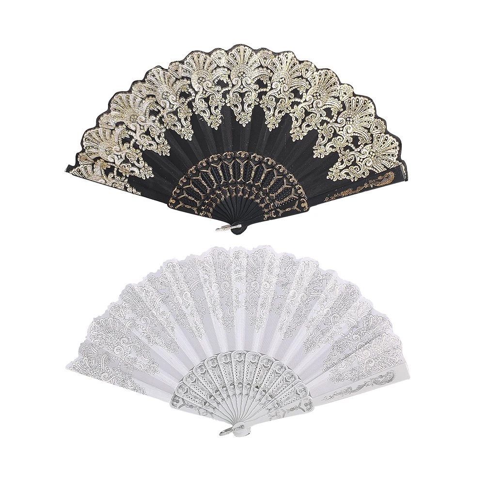 Black White Embroidery Hand Folding Fan Elegant Atmosphere Stage Performance Props Window Displays Photographic Decorative Craft