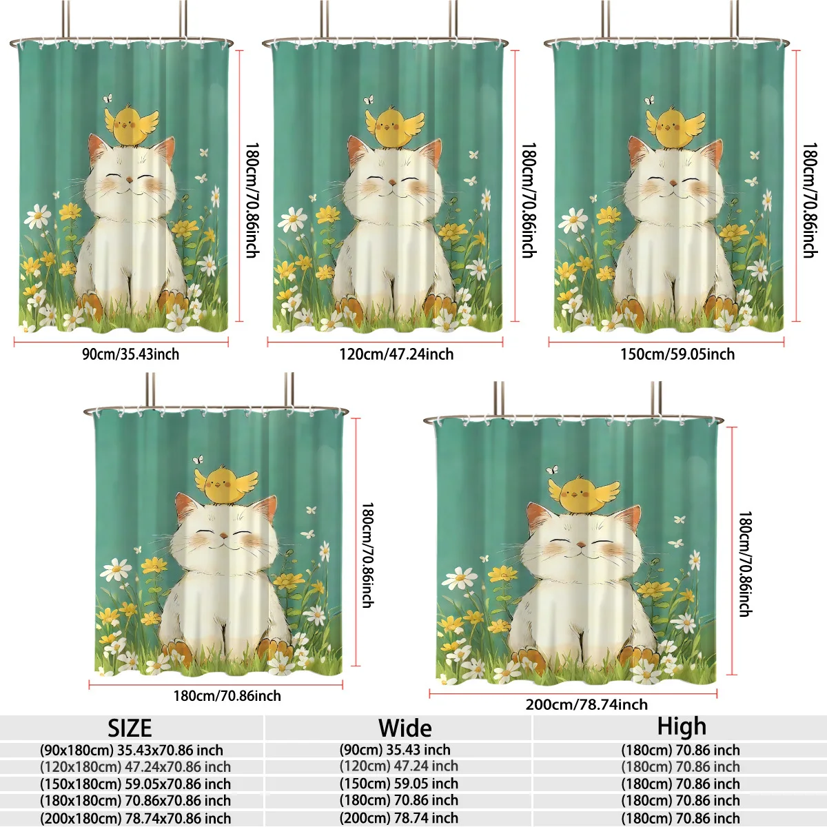 Sweet Cartoon Cat Shower Curtain Polyester Digital Printing Lovely Smiling White Kitten Sitting In Green Grass, Little Yellow
