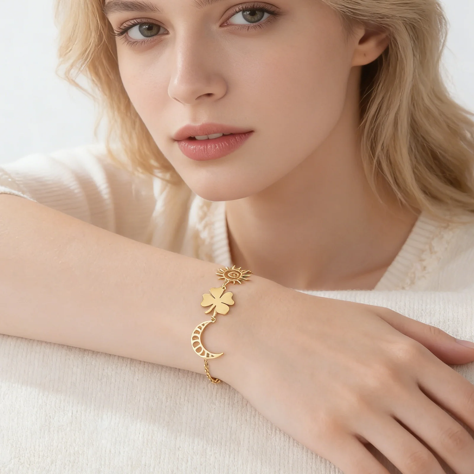 

CoolTime Dainty Sun & Moon Four Leaf Clover Women Bracelet Stainless Steel Lucky Symbol Charm Daily Jewelry for Women Gift