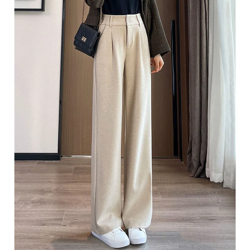 Autumn Winter Female Straight Loose Solid Color Wide Leg Pants Simplicity Fashion High Waist Button Trousers Women's Clothing