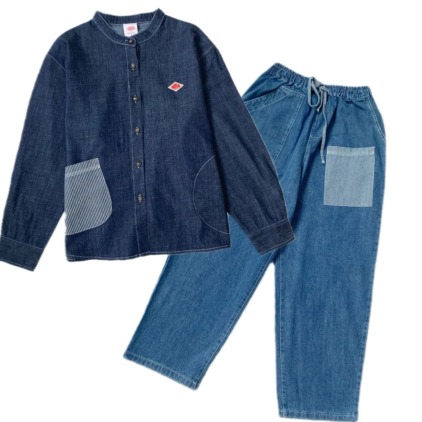 

Хлопковая джинсовая рубашка для похудения с круглым вырезом и полосатые повседневные брюки в японском стиле. Новинка. Модная женская одежда.