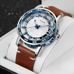 Winner 001C Watches for Men Automatic Mechanical map clock mechanism Hollow out Skeleton Fashion Wind up Male Wristwatch