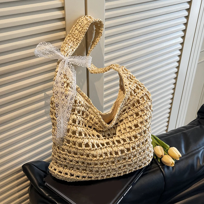 

Летняя женская пляжная сумка-тоут из ротанга с вязаными элементами, винтажная соломенная сумка через плечо для повседневных поездок