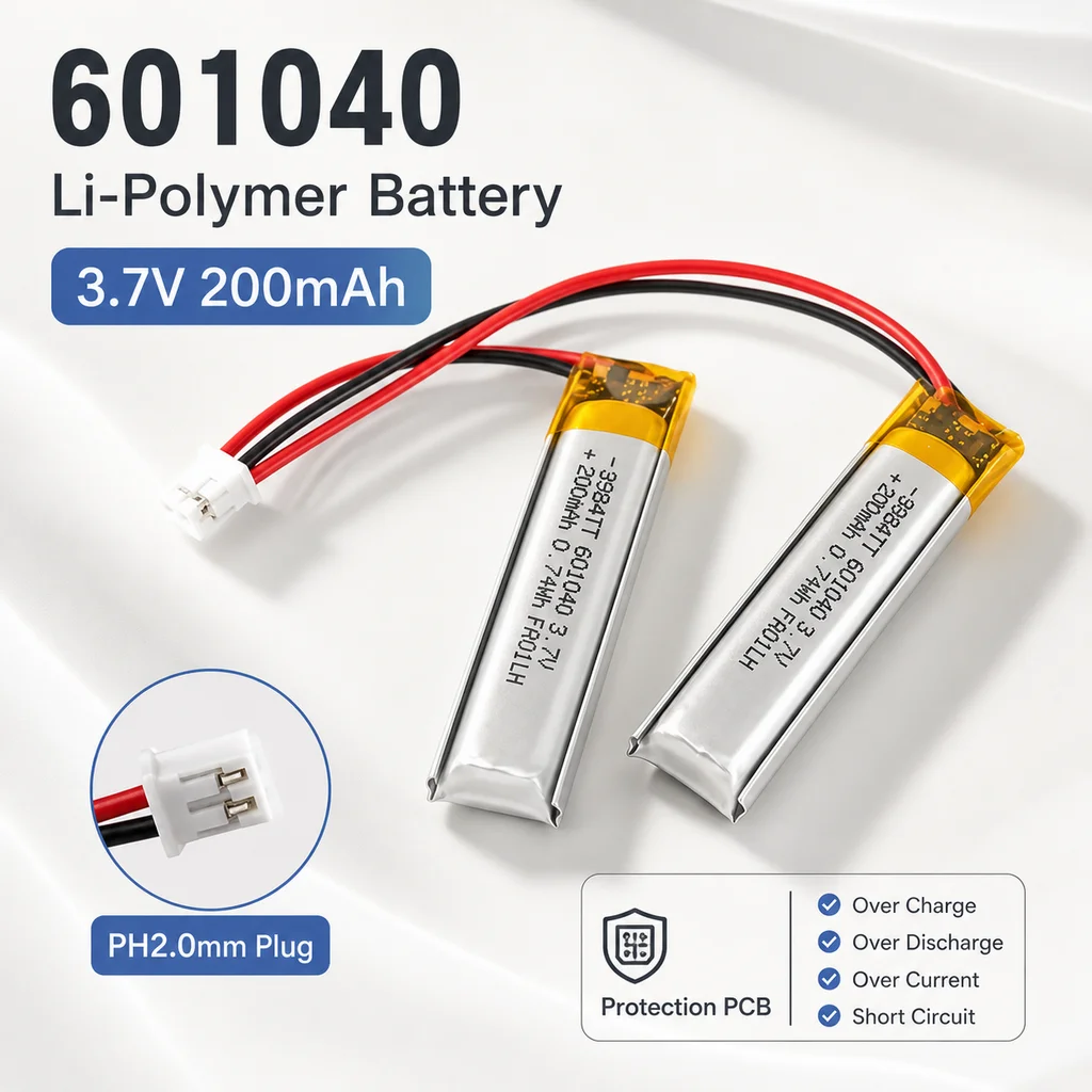 Lithium Polymer Battery 601040 3.7V 200mAh with JST PH2.0mm Plug Replacement Cell for TWS Headset LED Light Device