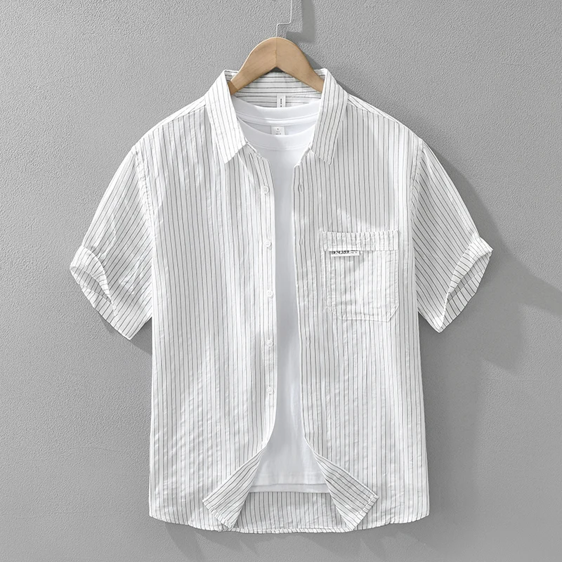 

2026 Spring Summer New Casual Striped Cotton Short Sleeve Shirts for Men Clothing Turn-down Collar Soft Male Shirts
