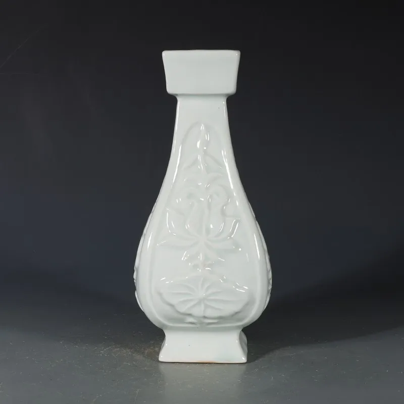 8.66 inch Chinese Song Hutian Kiln Porcelain White Glaze Carved Lotus Vase