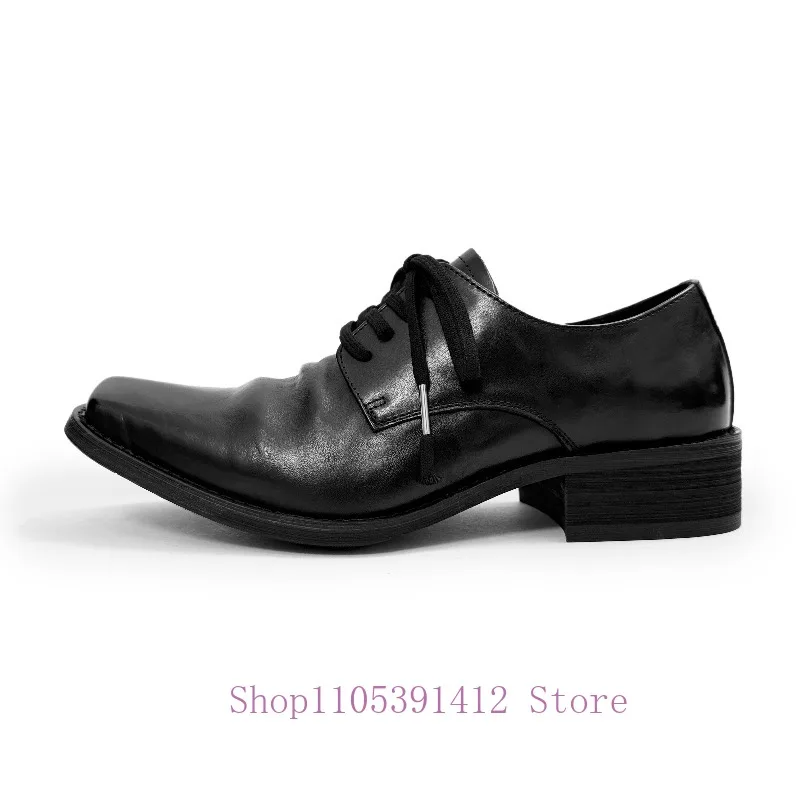 British Style Men Black Wrinkle Leather Derby Shoes Lace‑Up Square Toe  Retro Business Casual Dress Shoes