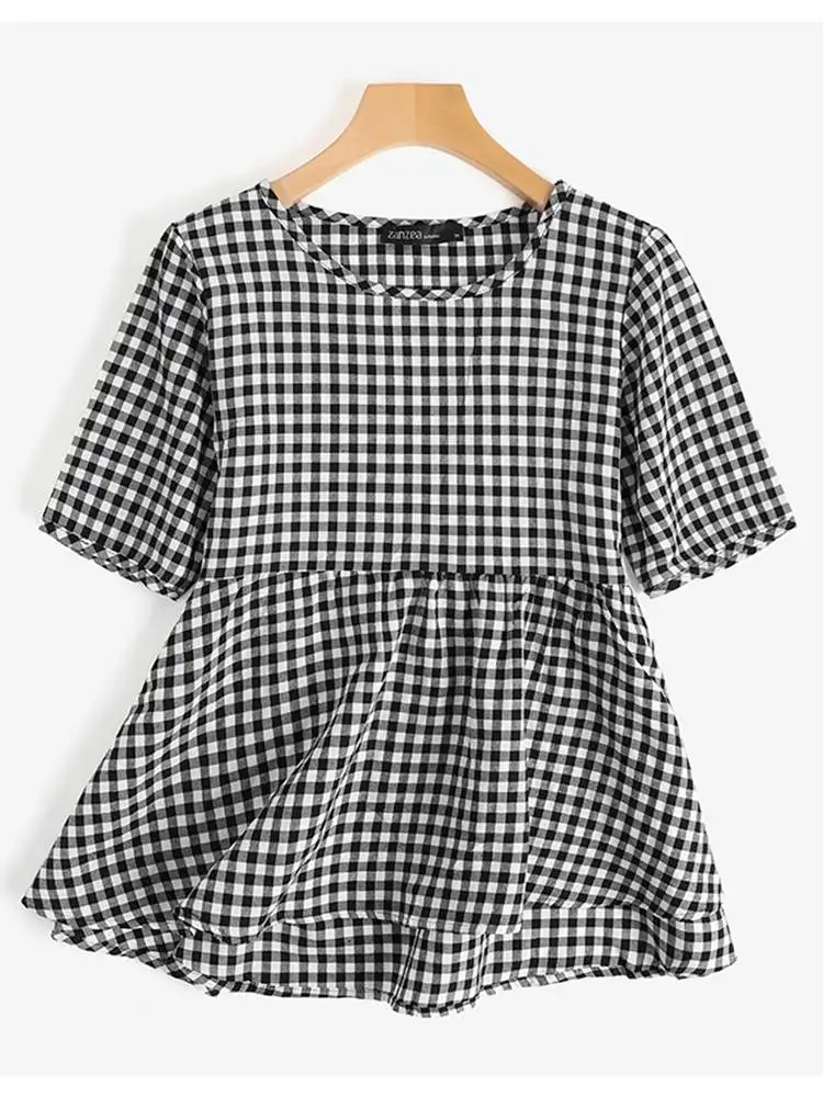 ZANZEA Women Plaid Blouse Summer 2024 Tops Oversized Pleated Shirts Vintage Patchwork A-line Tunics Casual Loose O-neck Blusa