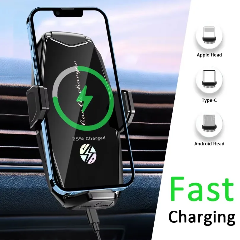 Auto Clamp Infrared Induction Car Wireless Charger Phone Holder Mount Fast Wireless Charging For Samsung Xiaomi iPhone