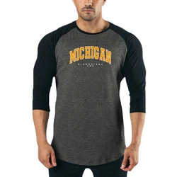 Michigan Midwestern USA Three Quarter Sleeve Shirt Mens Training Cotton Breathable Clothing Gym Bodybuilding Slim Fit T-shirts