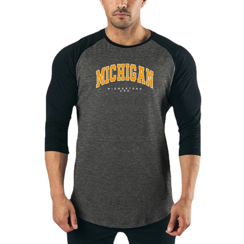 Michigan Midwestern USA Koszula z rękawami trzy czwarte Męska bawełniana odzież treningowa Oddychająca odzież Siłownia Kulturystyka T-shirty Slim Fit