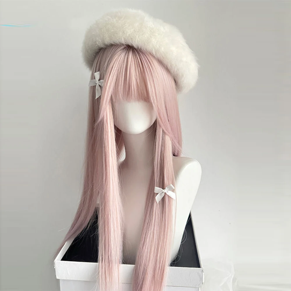 Peluca rosa, pelo largo, cabeza simulada de pelo artificial, accesorios de juego de anime, Cosplay, tocado, pelo liso, accesorios para espectáculo de fotos