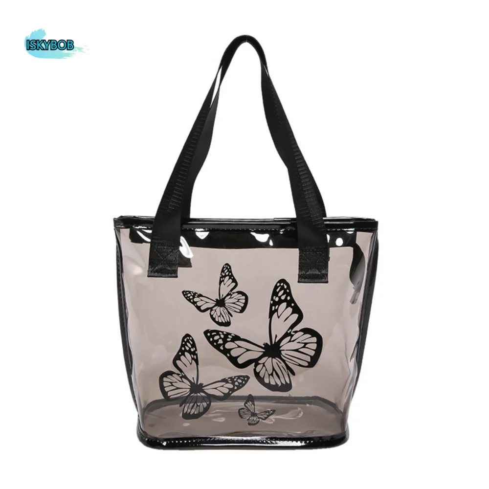 

Fashion Butterfly Printing Clear Tote Bag Large Capacity Portable Handbags PVC Fashion Women's Bag Commuting
