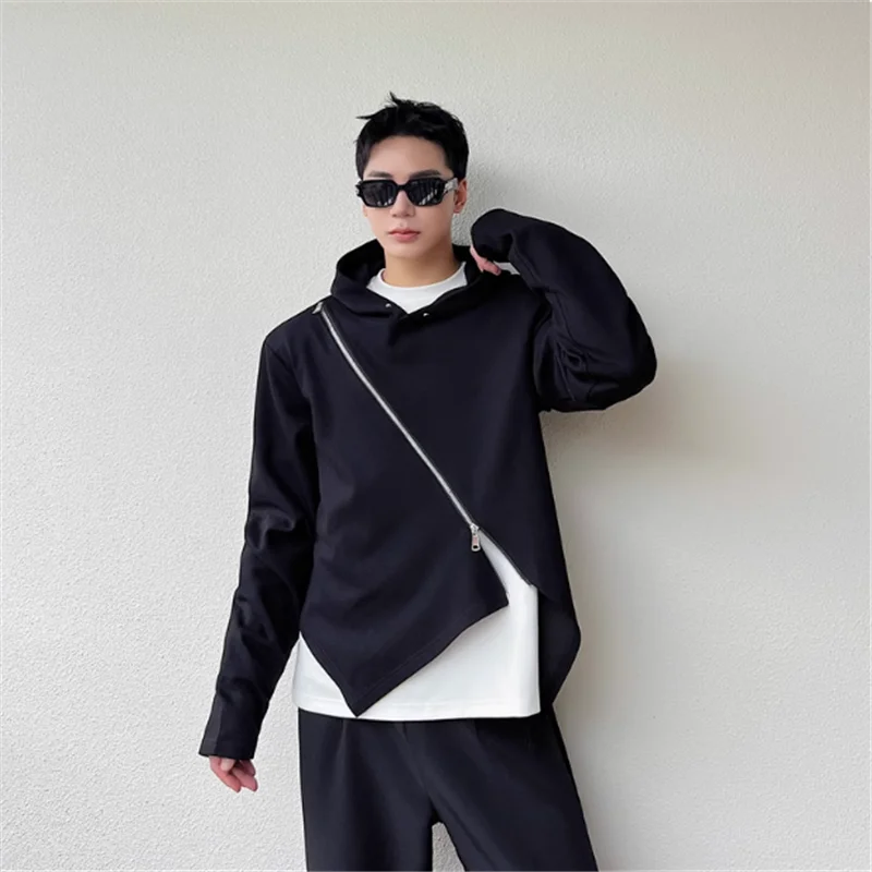 

2025 Irregular diagonal front zipper hoodie tide brand men spring and autumn loose top, luxe senior sense men's fashion