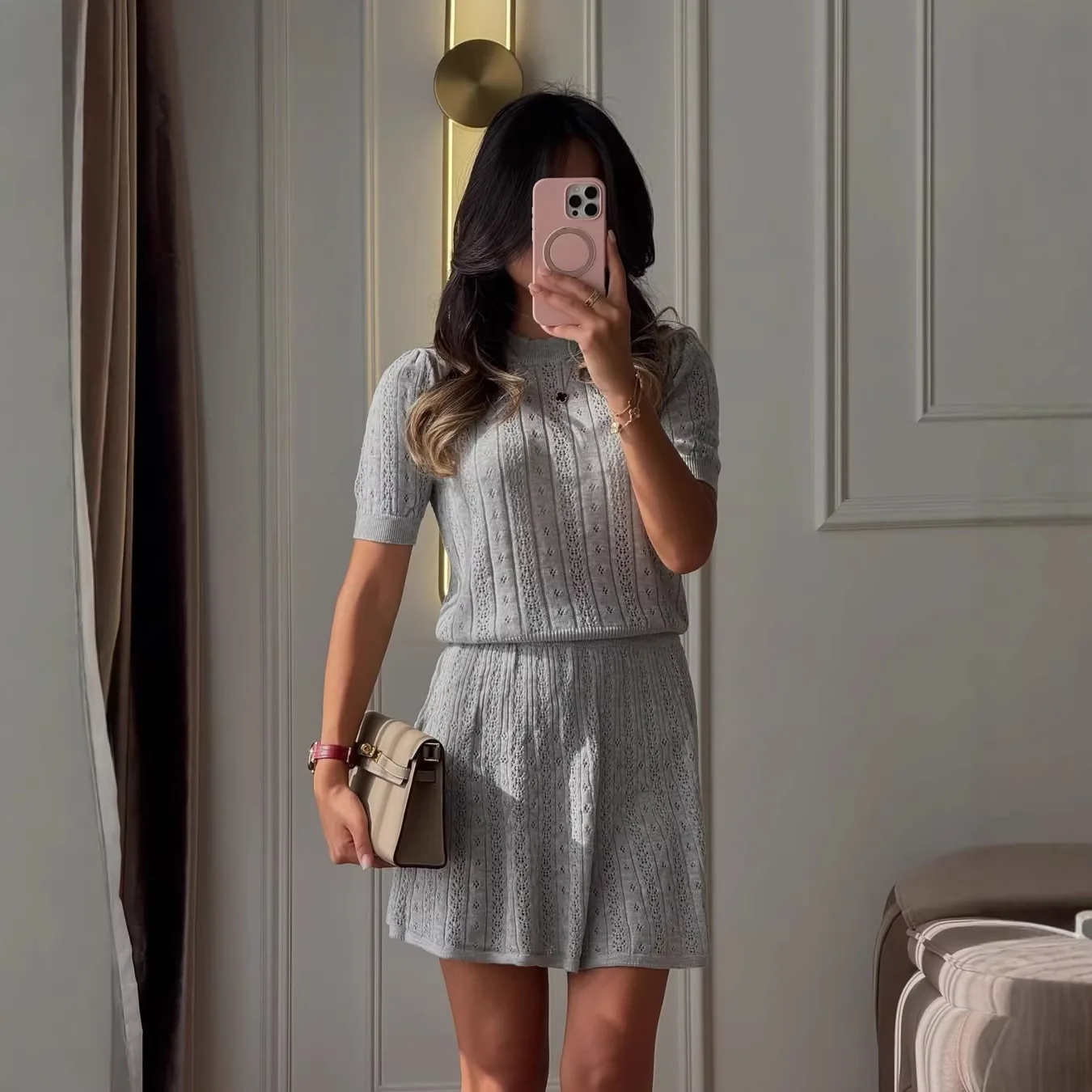 

Women's Elegant Hollow Out Solid Mini Skirt Outfits Casual Short Sleeve Solid 2Pc Suits Fashion Round Neck Pullover & Skirt Sets