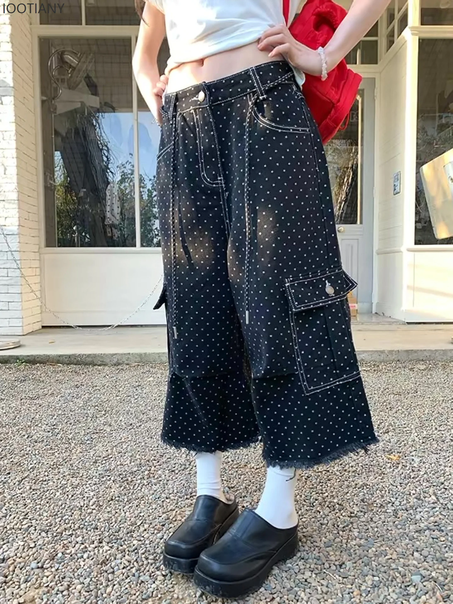 Women's Black Polka Dot Denim Shorts Y2K Gothic Baggy Cargo Jeans Harajuku Vintage 2000s Style Oversized Wide Leg Trousers