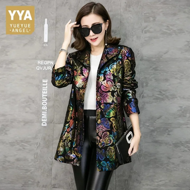 Free Shipping Multicolor Floral Print Genuine Leather Trench Coat Real Lambskin Coats Fashion Long Outerwear