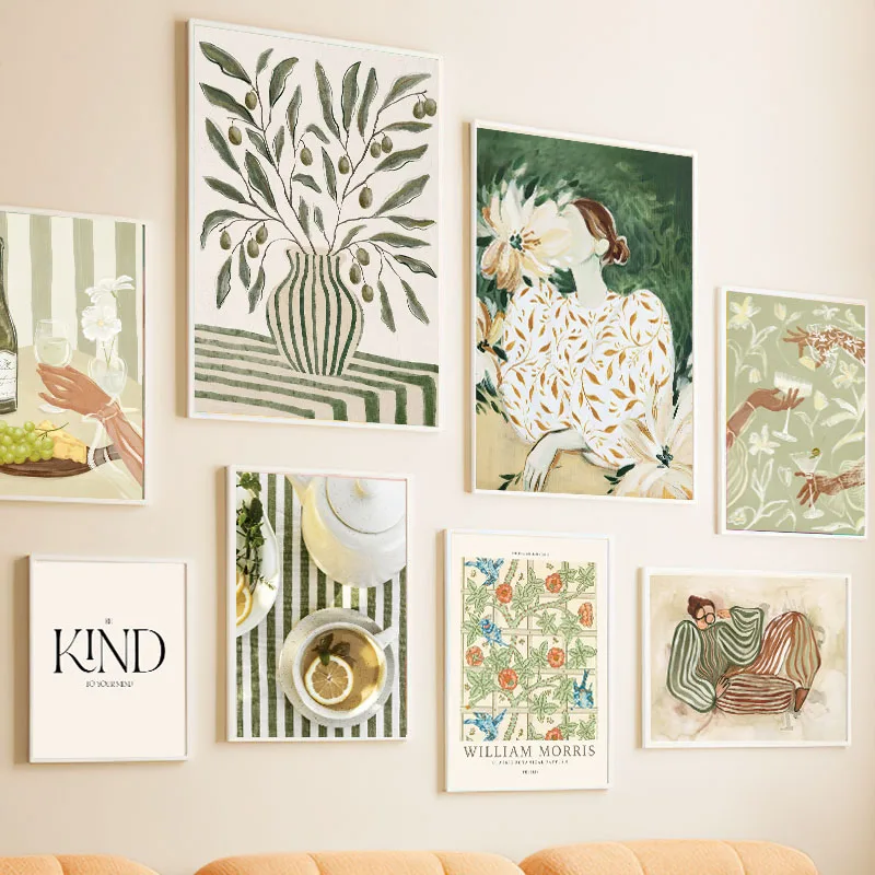 Abstrakte Gestreifte Mädchen-Vase Blätter Kaffee Zitrone Wandkunst Leinwand Ölgemälde Nordische Poster und Drucke Bilder Wohnzimmer Deko