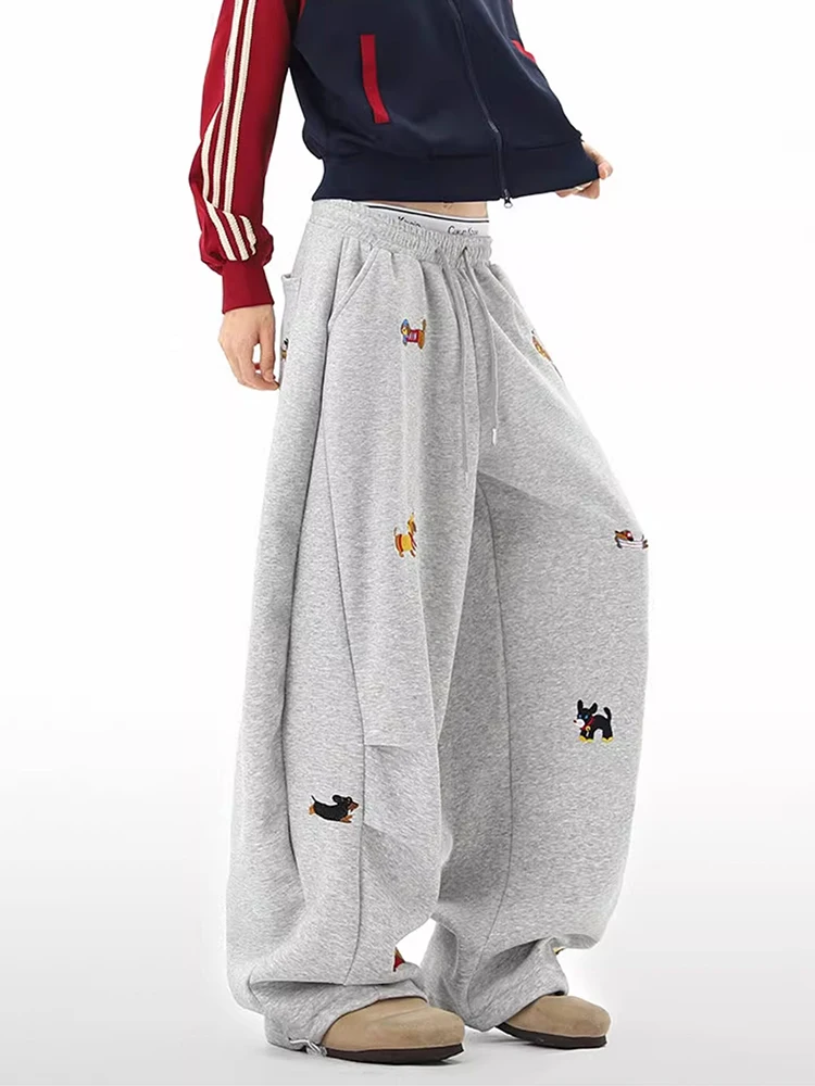 Aoaiiys Loose Pants Women's Sausage Dog Embroidered Fashion High Street Trousers Summer Comfortable yellow Straight Sweatpants
