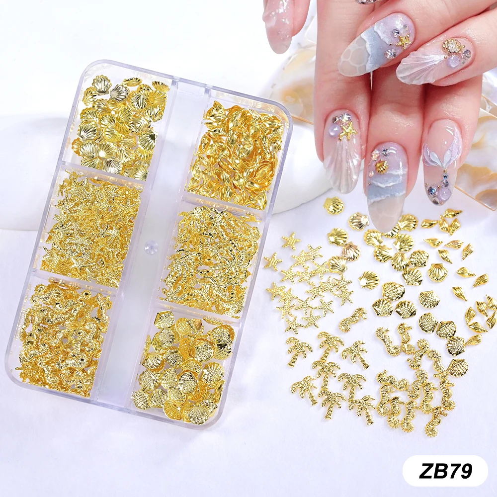 6/12Grids Gold Nail Art Alloy Studs Seashell Starfish Feathers Nail Charms Conch Metal Rivets Slice 3D DIY Manicure Rhinestones