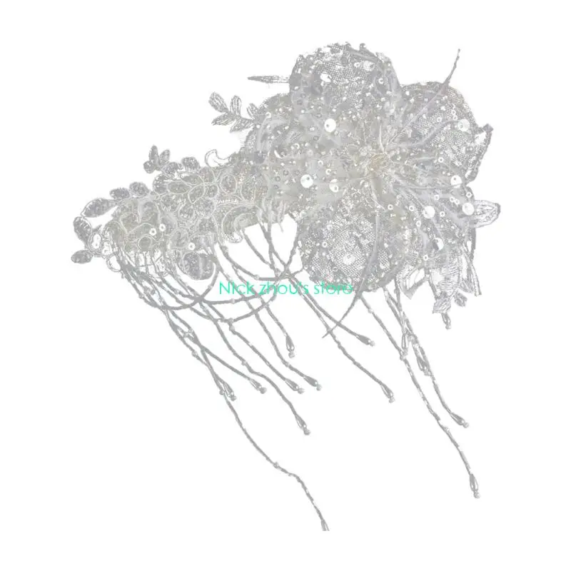 E15E حجاب شرابات العروس خفيف الوزن مع دانتيل ولمسات مطرزة متلألئة #2